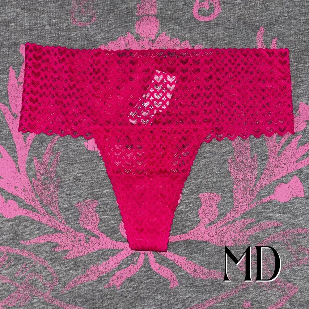 New Victoria’s Secret PINK Wide-Waist Heart Lace Thong Panty Enchanted Pink MD